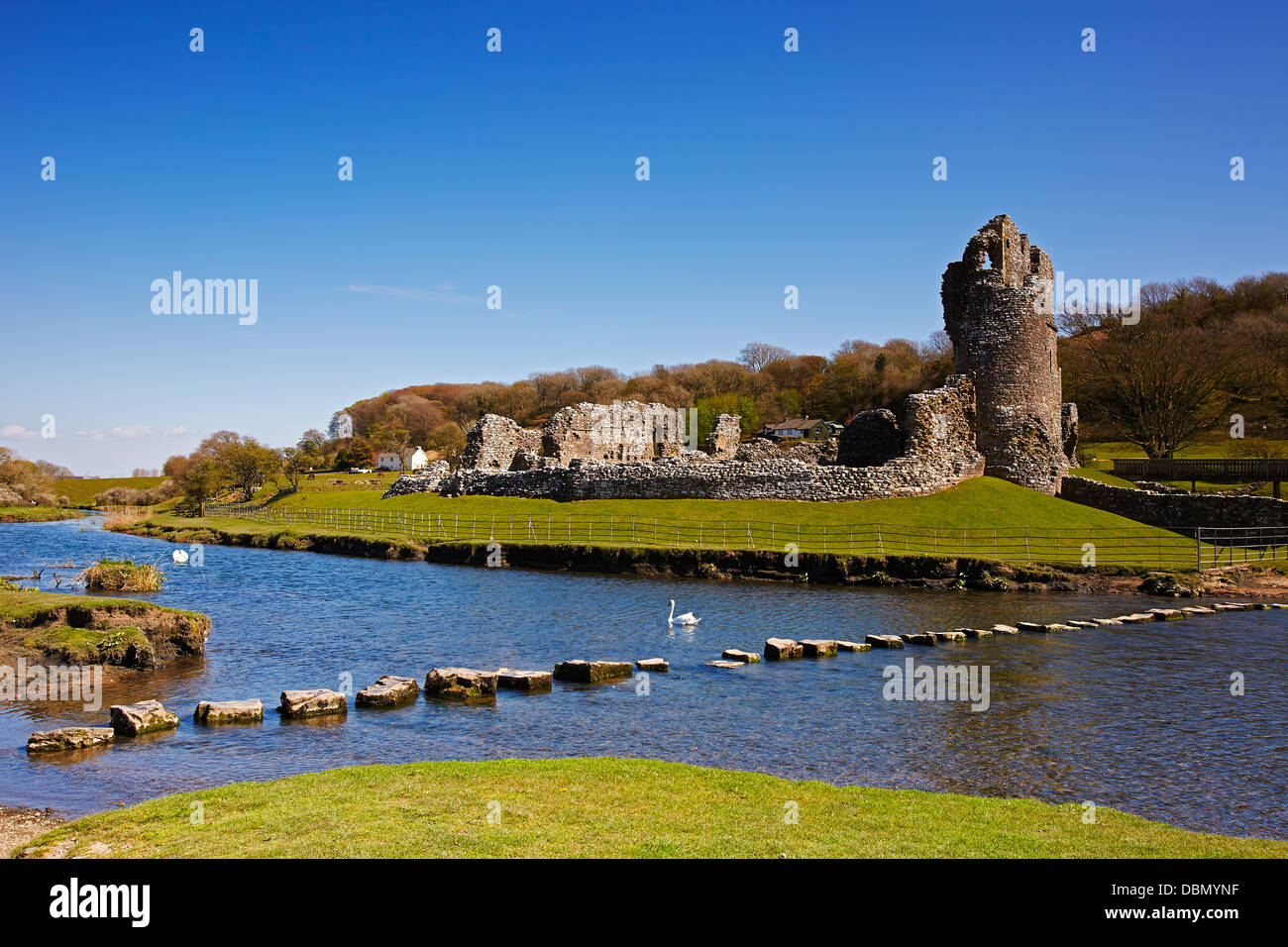 Stepping Stones across the Ogmore River to Ogmore Castle, Ogmore, Glamorgan, South Wales, UK Stock Photo