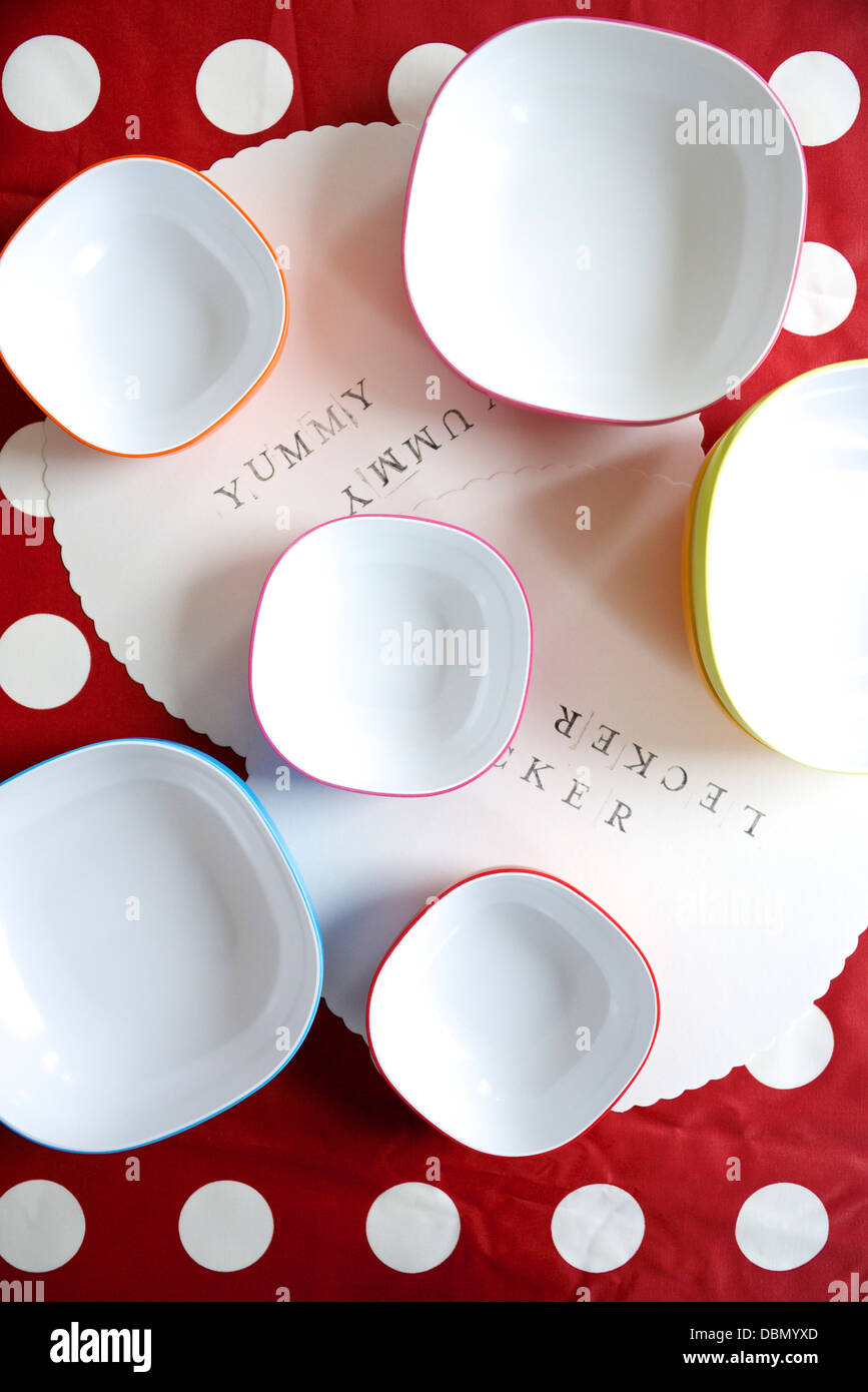 Various bowls on place mat, Munich, Bavaria, Germany Stock Photo
