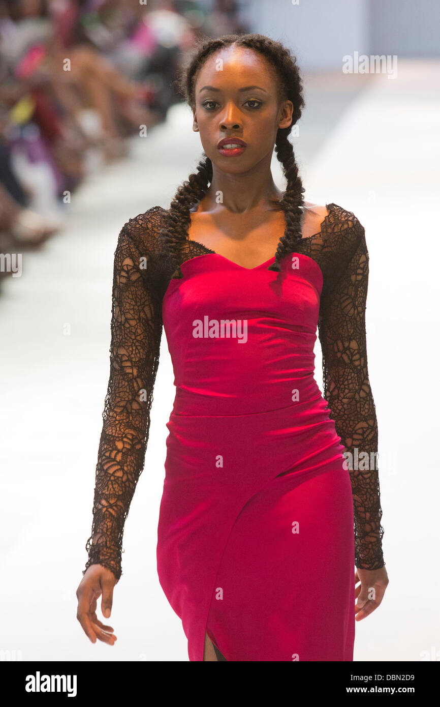 London, UK. 1 August 2013. Model on the catwalk for designer Ferona. Africa Fashion Week London (AFWL) catwalk shows at the Truman Brewery, London. Photo: CatwalkFashion/Alamy Live News Stock Photo