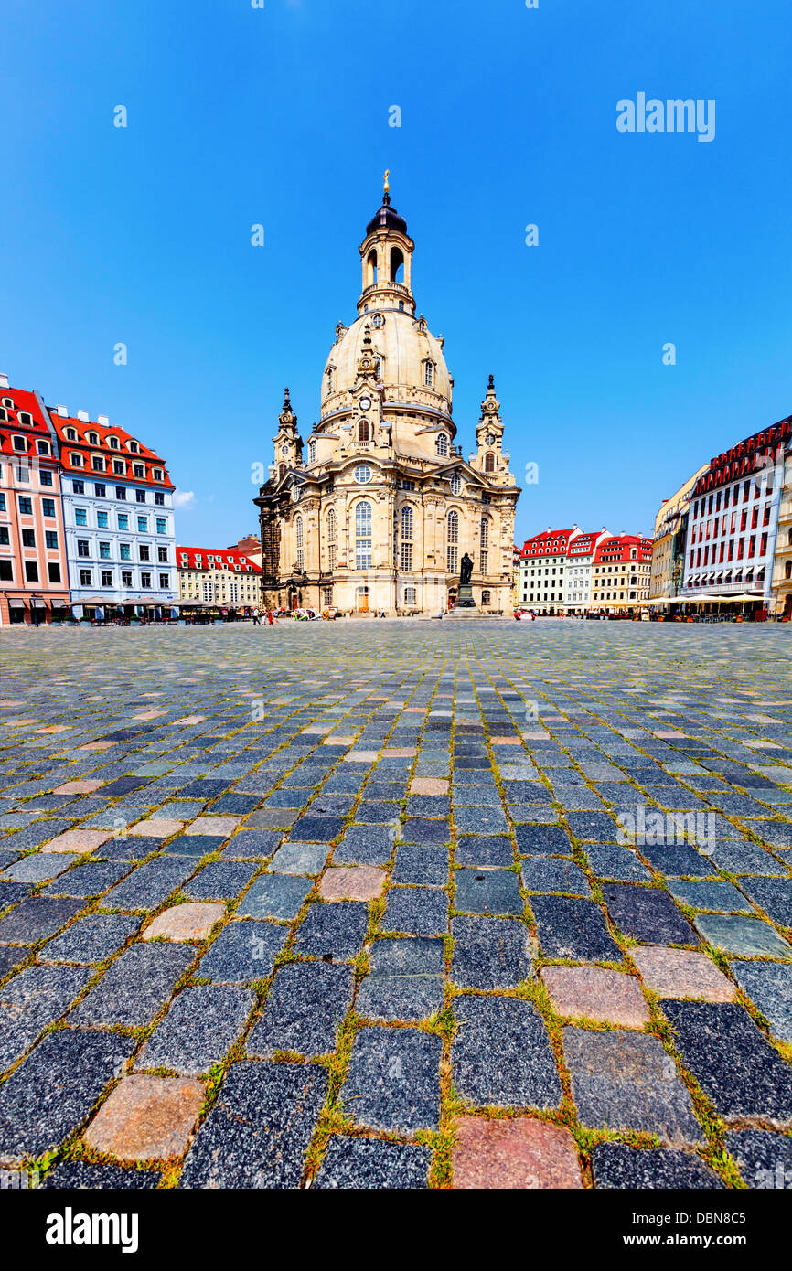 DRESDEN, GERMANY- JUNE 20: Tourist in front the Dresden Frauenkirche on June 20 2013 Dresden Germany. Stock Photo