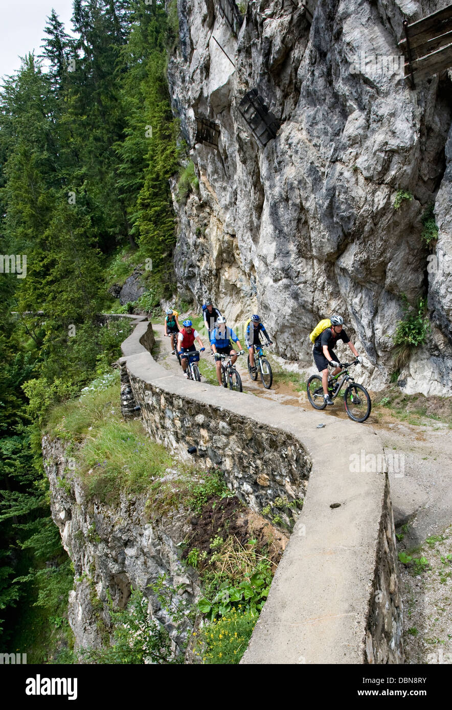 Group Of Mountain Bikers, Schattwald, Bavaria, Germany Stock Photo