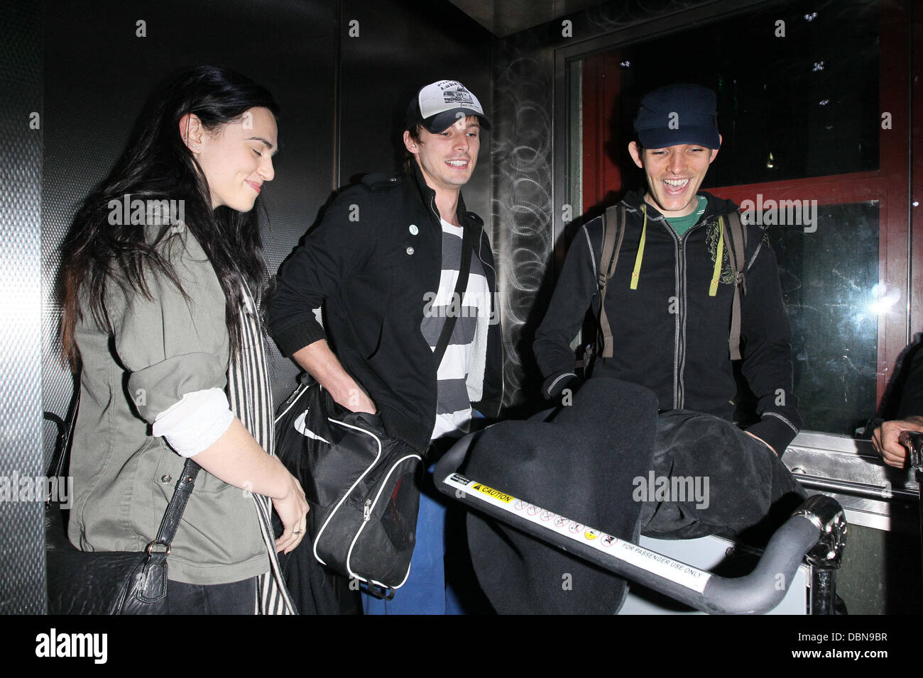 Katie McGrath, Bradley James and Colin Morgan The stars of international smash hit BBC television show 'Merlin' arrive at LAX on a flight from London Heathrow which was delayed over 4 hours from its scheduled arrival time. Los Angeles, California - 24.07. Stock Photo