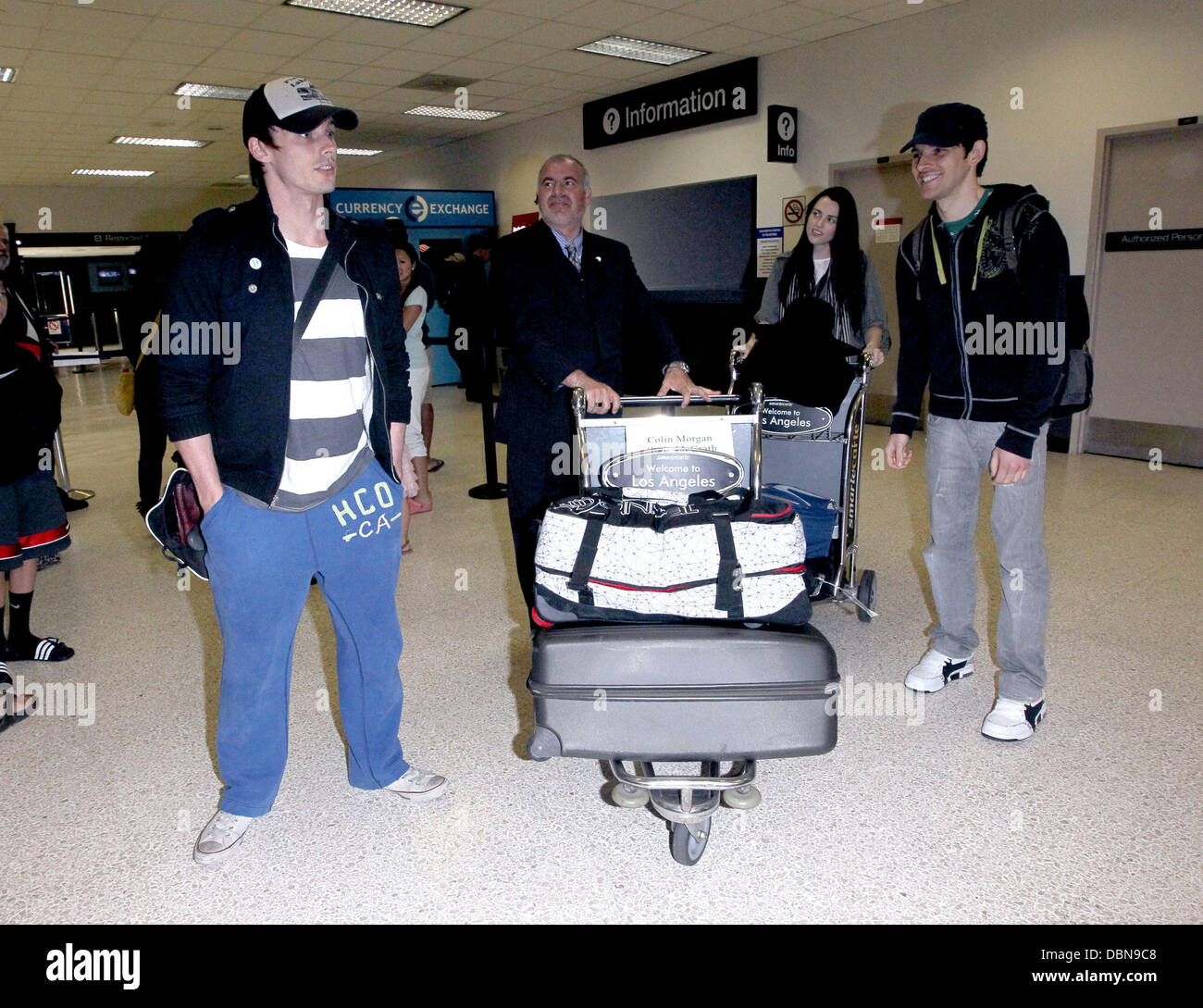 Bradley James, Katie McGrath and Colin Morgan The stars of international smash hit BBC television show 'Merlin' arrive at LAX on a flight from London Heathrow which was delayed over 4 hours from its scheduled arrival time. Los Angeles, California - 24.07. Stock Photo