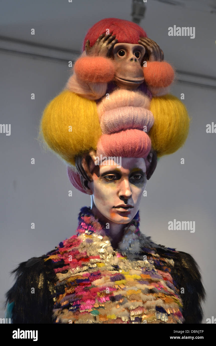 Fashion exhibition, Round Tower, Copenhagen, Denmark.  Monkey hat. Stock Photo