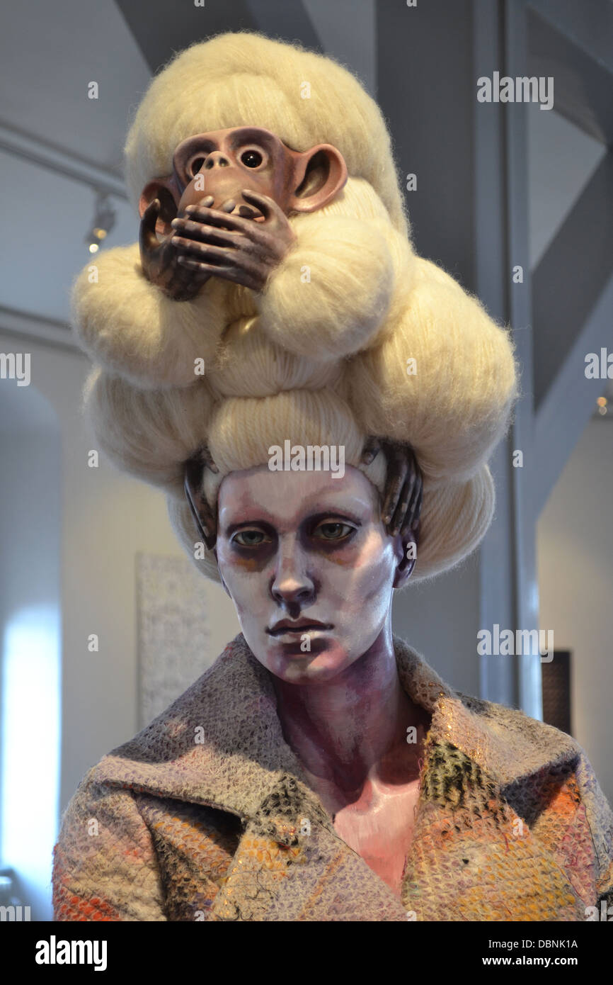 Fashion exhibition, Round Tower, Copenhagen, Denmark.  Monkey hat. Stock Photo