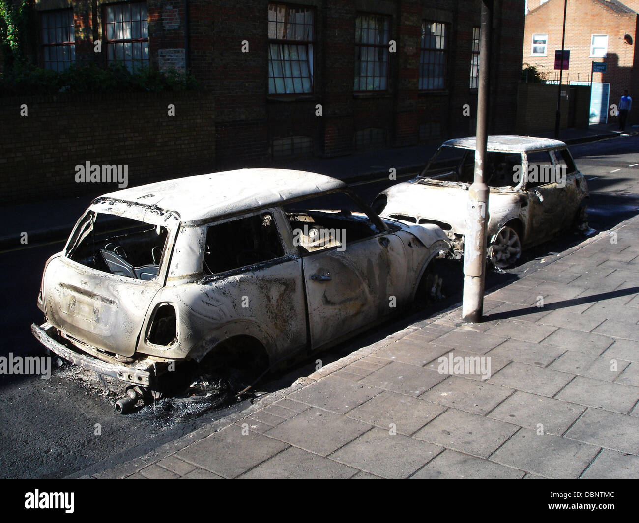 The aftermath of rioting near the Pembury Estate in Hackney, East London. Riots and looting have broken out all across Greater London and are now spreading across the country following the shooting of Mark Duggan by police in Tottenham, North London Londo Stock Photo