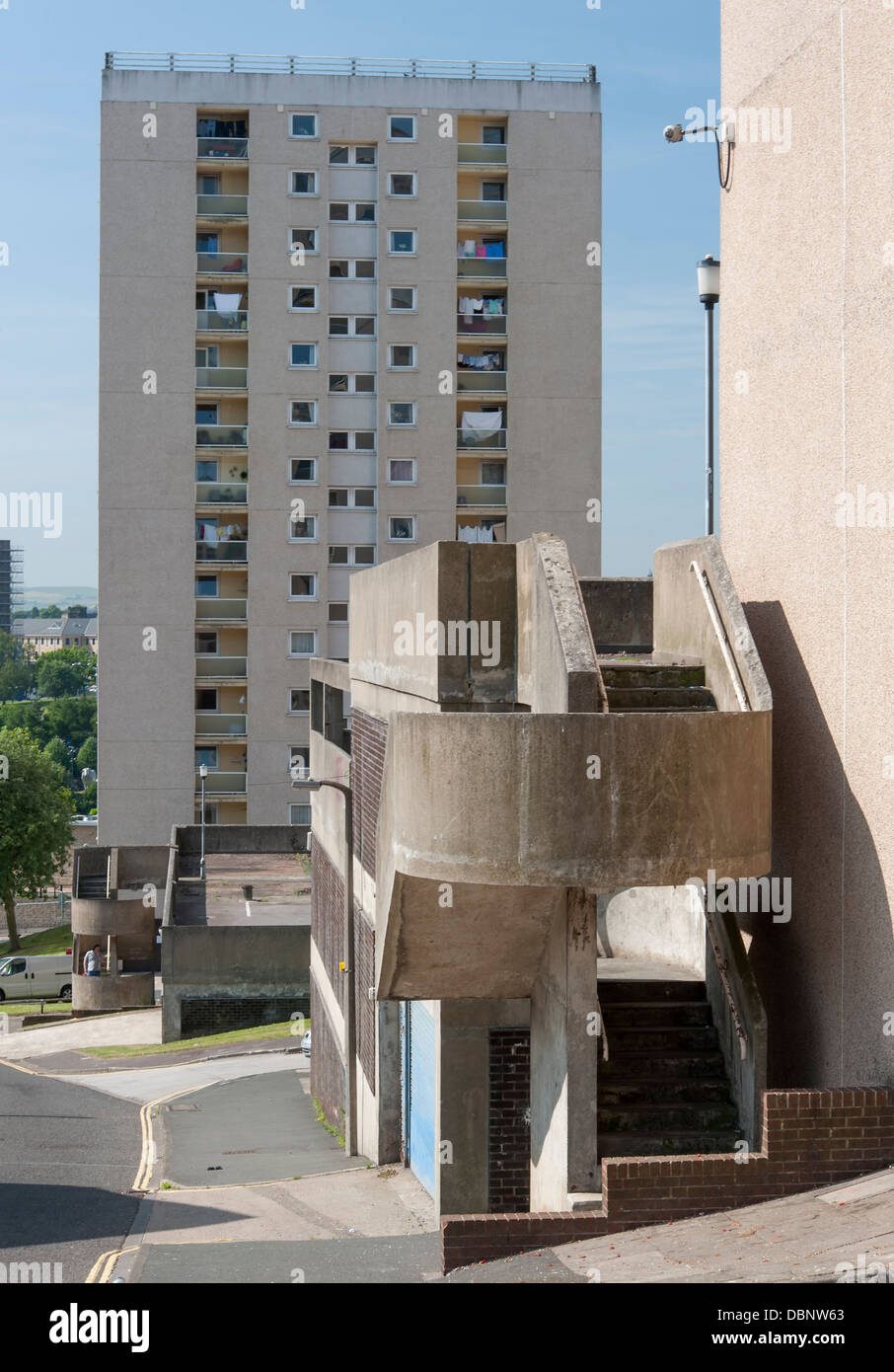 1960s styled high rise flats with deco staircase Stock Photo