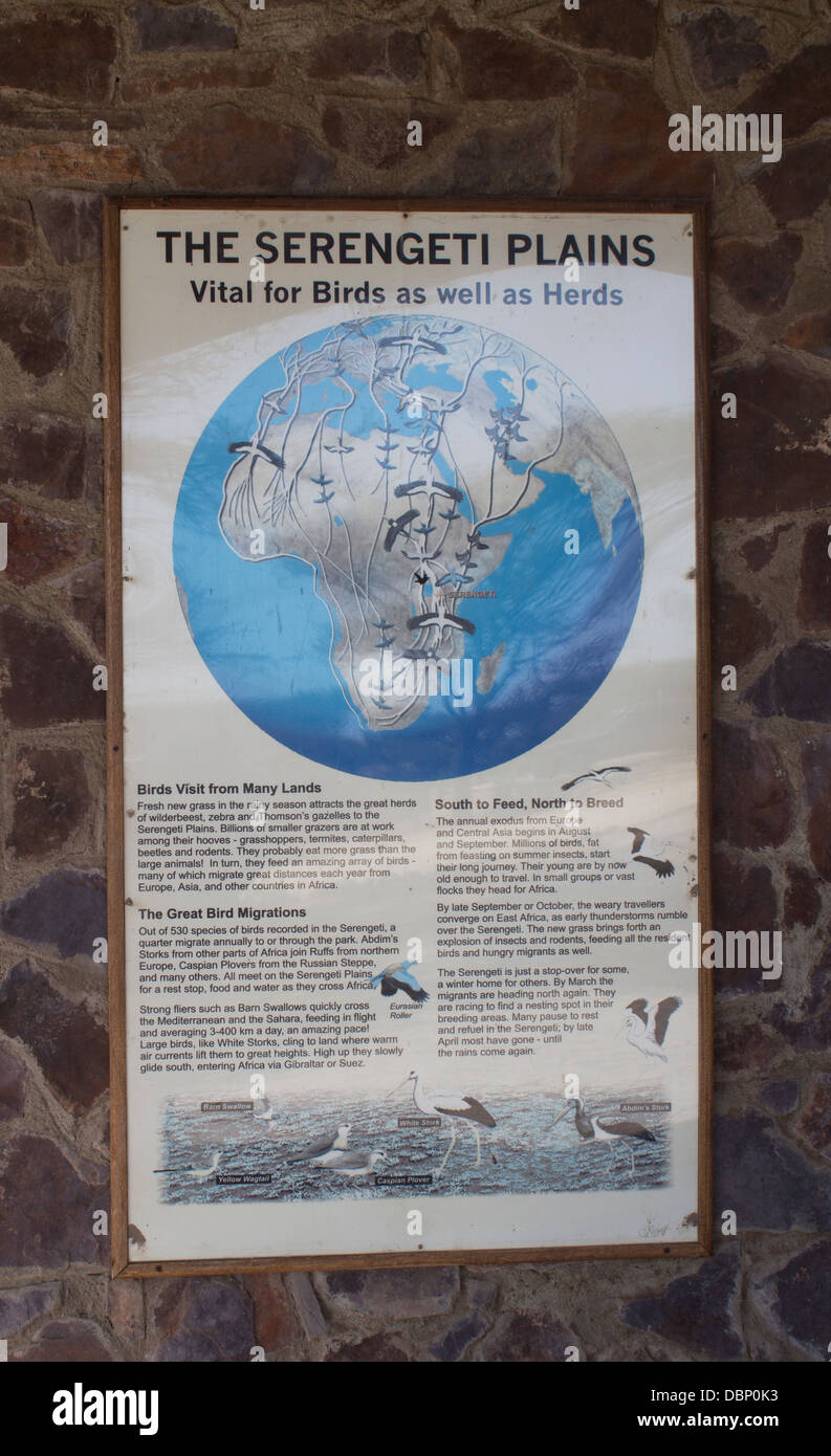 Sign at Naabi Hill, the entrance to the Serengeti National Park Tanzania, Africa showing the migration patterns of African birds Stock Photo