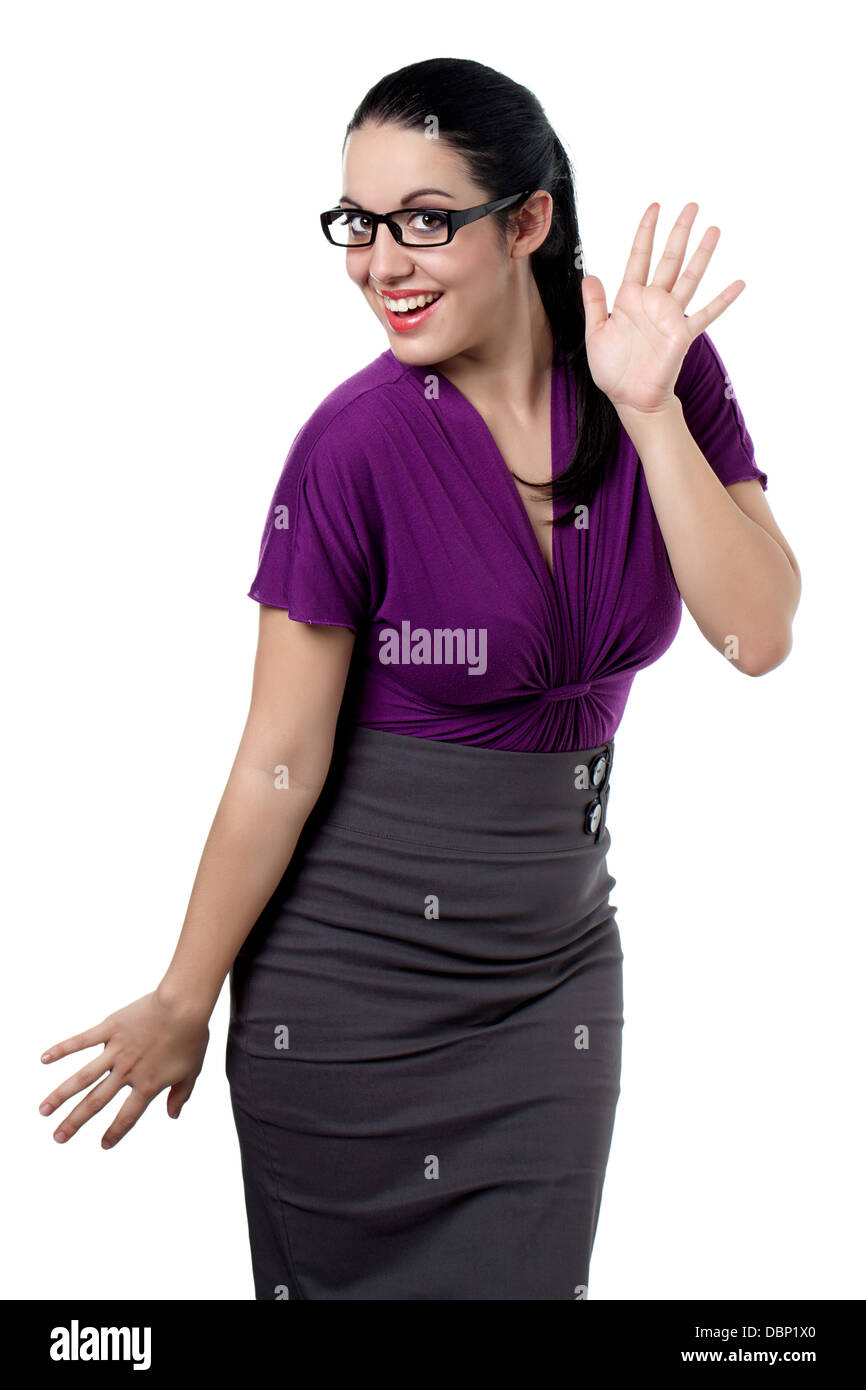 waving friendly woman Stock Photo