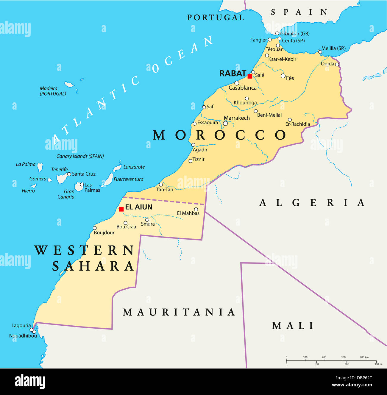 Morocco And Western Sahara Political Map Stock Photo