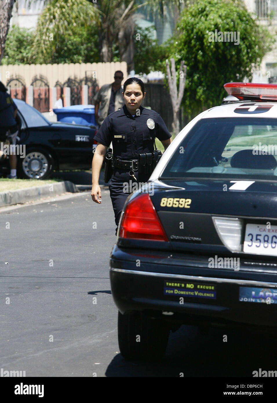 America Ferrera dons a policeman's uniform for her latest role, as she films on location in Los Angeles. 'End of Watch' is set to tell the story of the long-term friendship and partnership between two cops. Los Angeles, California - 03.08.11 Stock Photo