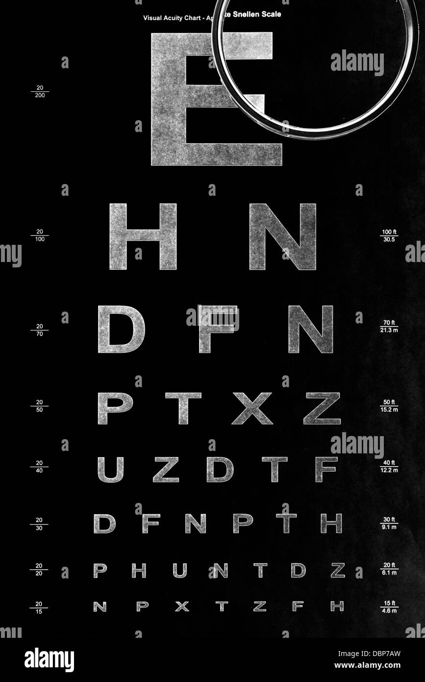 eye test chart and magnifying glass Stock Photo