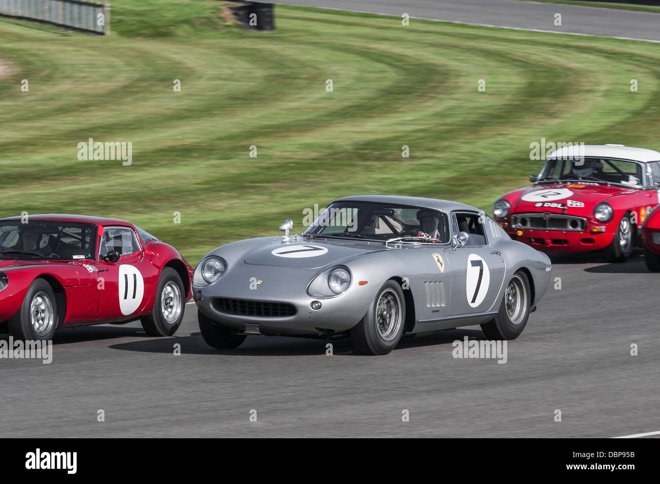 Ferrari 275 GTB/C races Marcos 1800GT and MGB at the Goodwood Revival 2012 Stock Photo