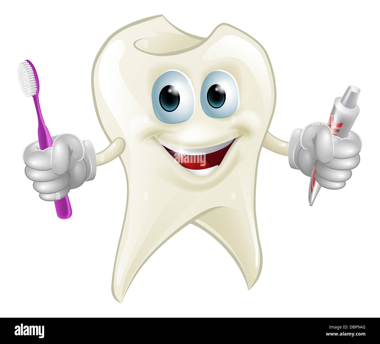 An illustration of a cartoon tooth man character mascot holding a toothbrush and tube of toothpaste Stock Photo