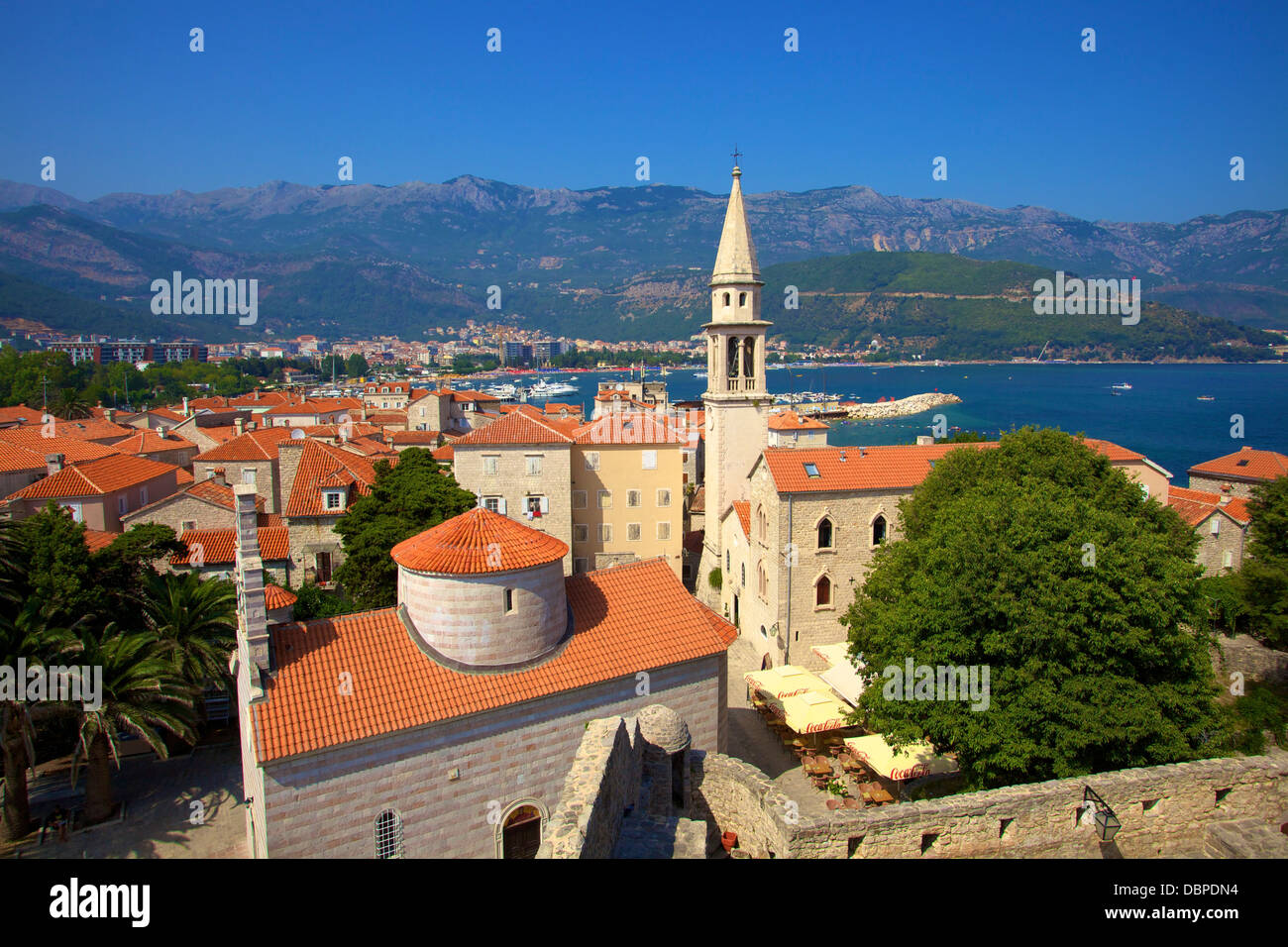 Looking over Budva Old Town to Beach, Budva, Montenegro, Europe Stock Photo