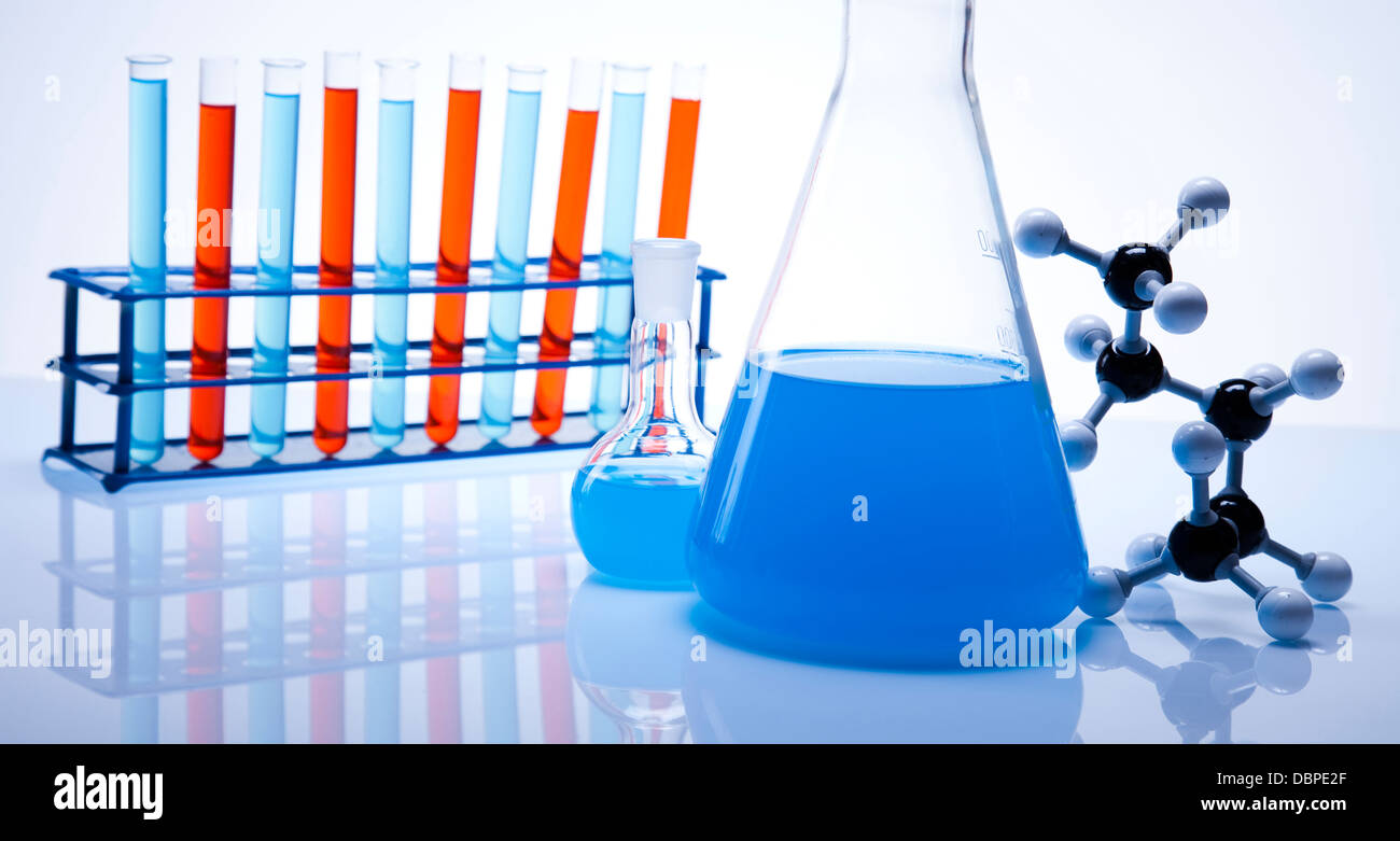 Laboratory glassware containing colorful liquid Stock Photo