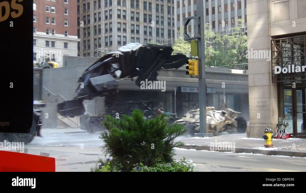 The Batplane is transported through a scene with a Batman figure in the  cockpit on the set of the new Batman film 'Dark Knight Rises' filming in  Pittsburgh Pennsylvania, USA 