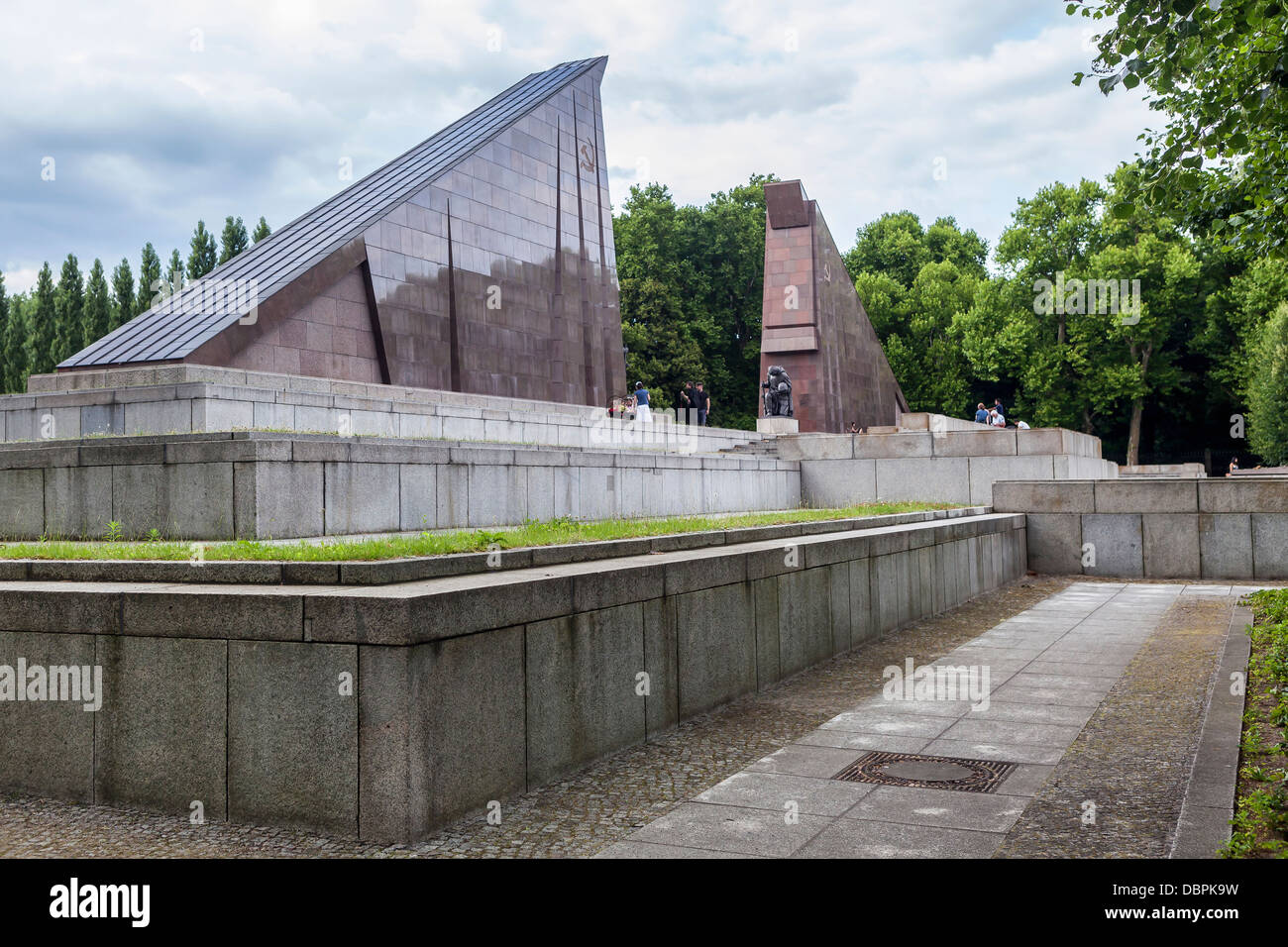 Red granite slaps represent Soviet flags at the Soviet War memorial for 7000 soldiers who died in WW2, Treptower Park, Berlin<germany Stock Photo