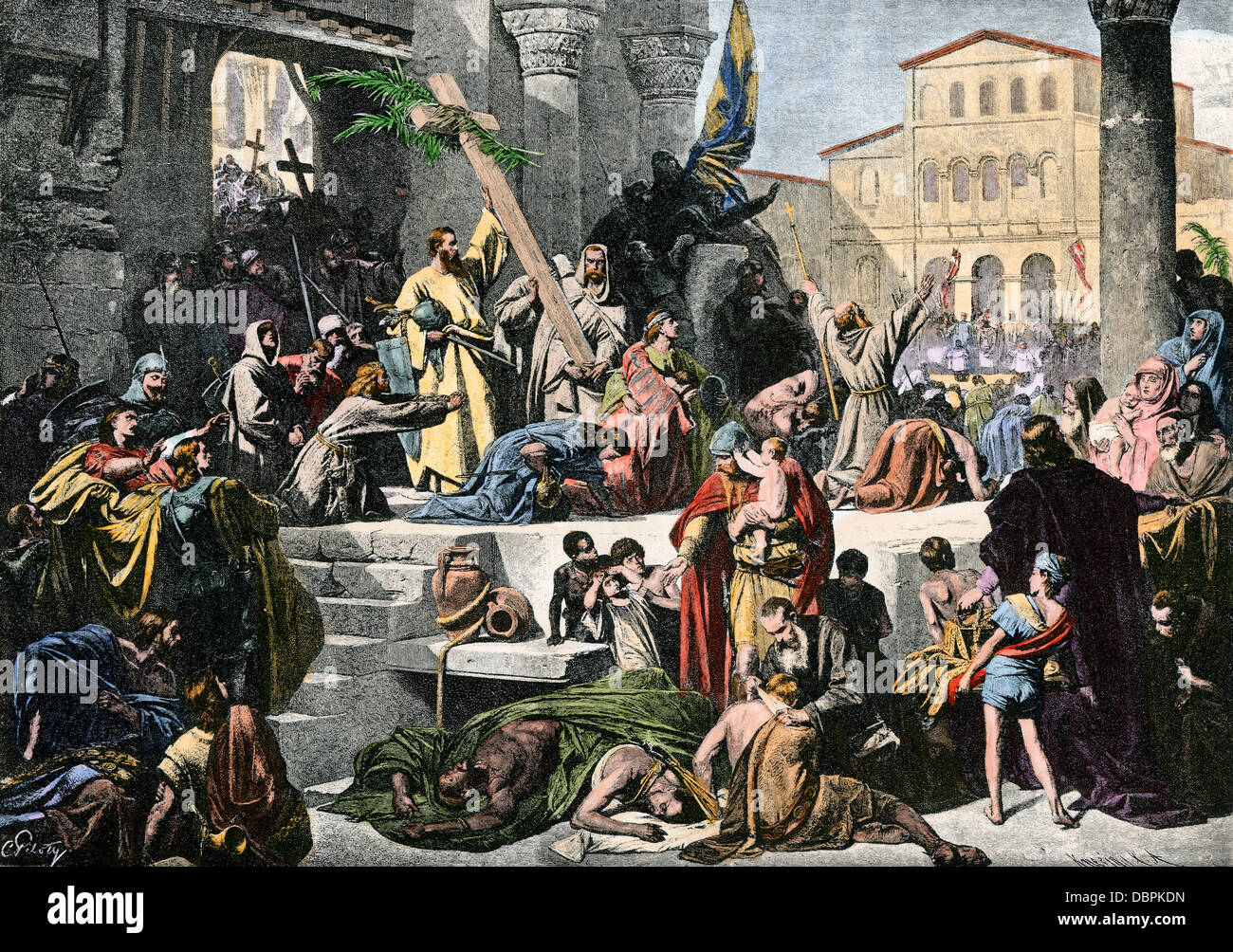 Godfrey de Bouillon entering Jerusalem in the First Crusade. Hand-colored halftone reproduction of an illustration Stock Photo
