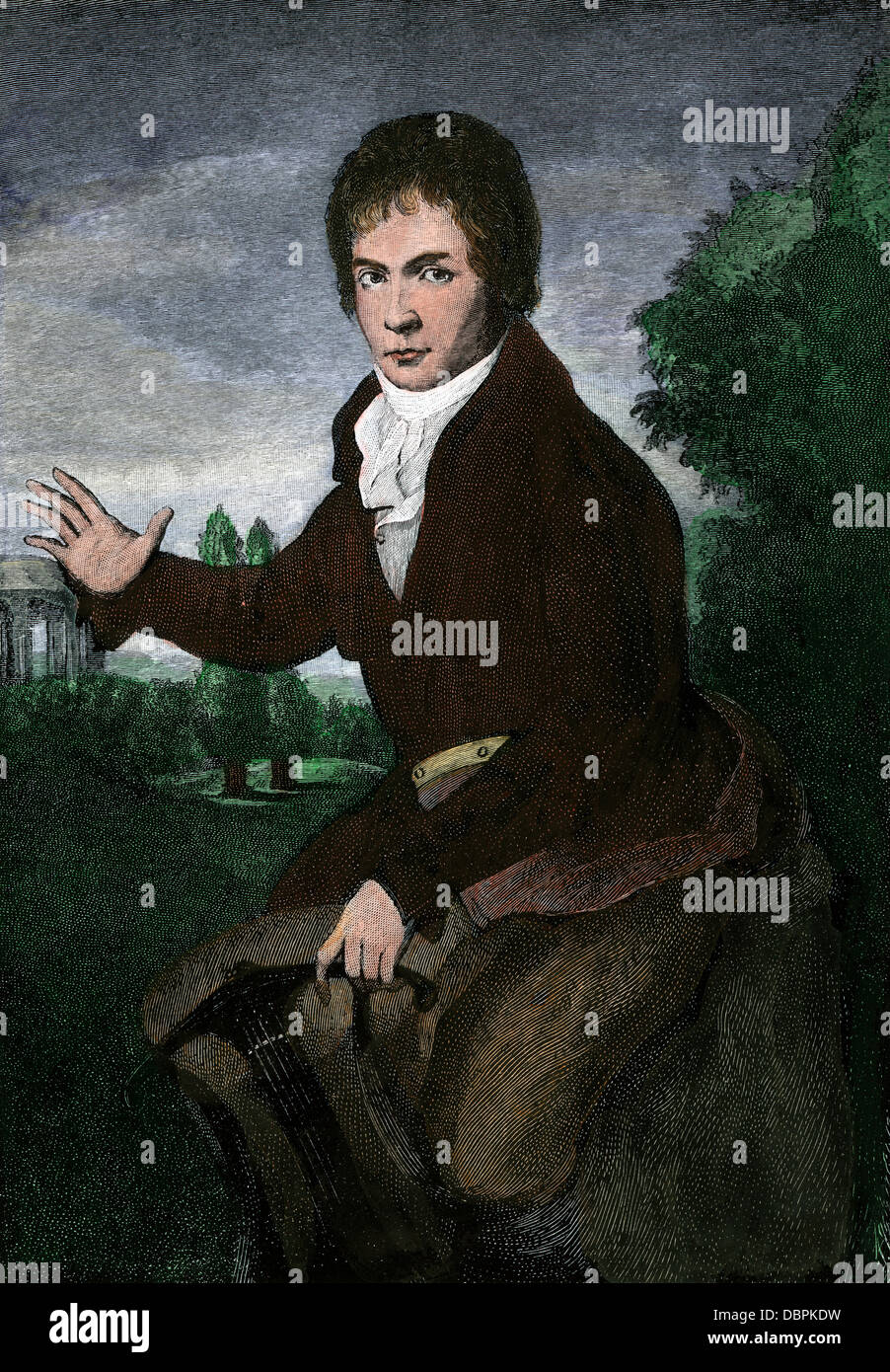 Ludwig van Beethoven at age 38. Hand-colored engraving from a portrait by W.F. Mahler Stock Photo