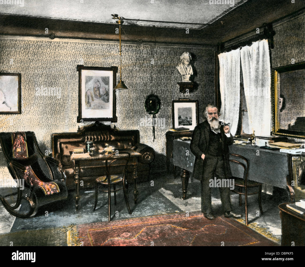 Johannes Brahms in his study, Vienna, 1800s. Hand-colored halftone reproduction of a photograph Stock Photo