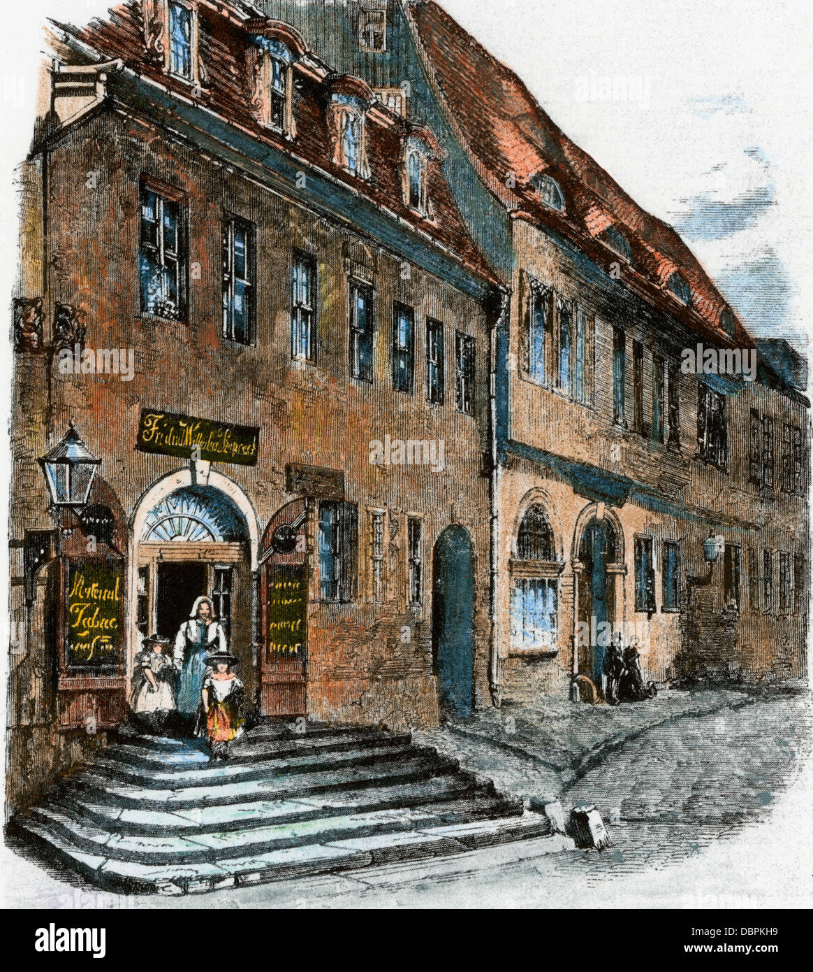 Birthplace of Georg Friedrich Handel at Halle, Saxony, in Germany. Hand-colored woodcut Stock Photo