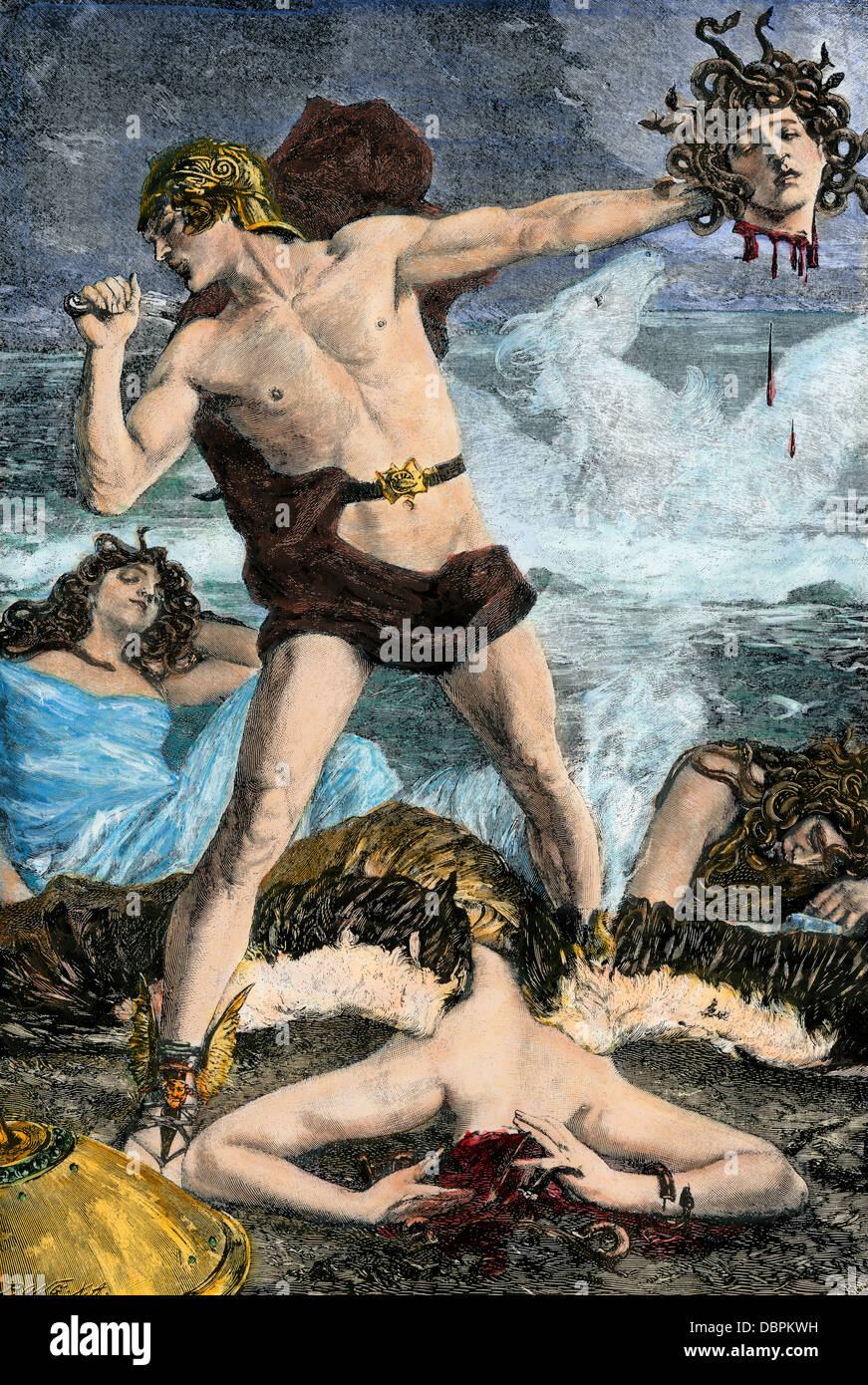 Perseus cutting off Medusa's snake-haired head, in Greek mythology. Hand-colored woodcut Stock Photo