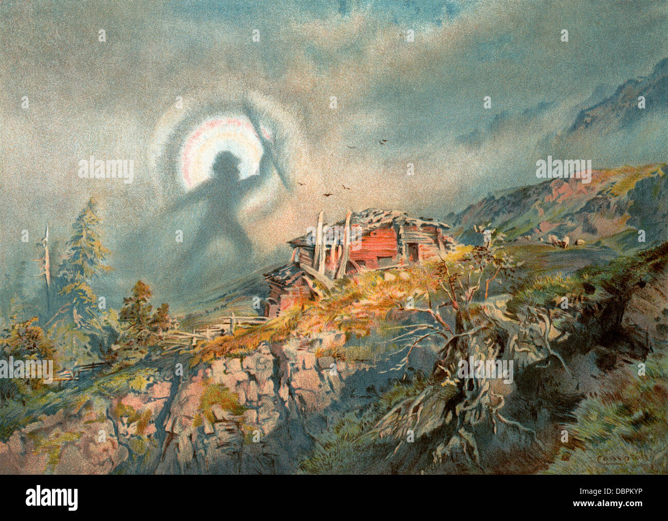 Brocken spectre, the misty shadow of a mountaineer named for a peak in Germany. Color lithograph Stock Photo