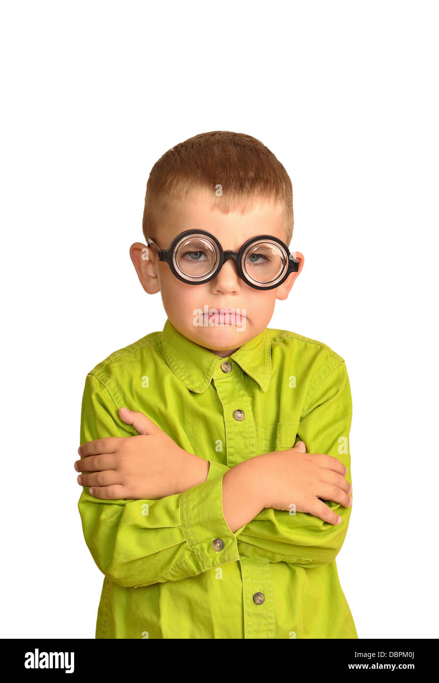 Portrait of a little boy in a funny glasses with anger on his face Stock Photo