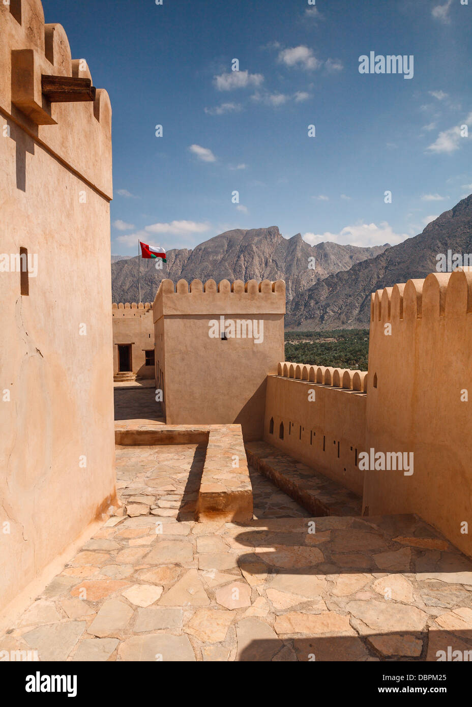 Inside the walls of the restored fort of Nakhal in the Western Hajar mountains of Oman, Middle East Stock Photo