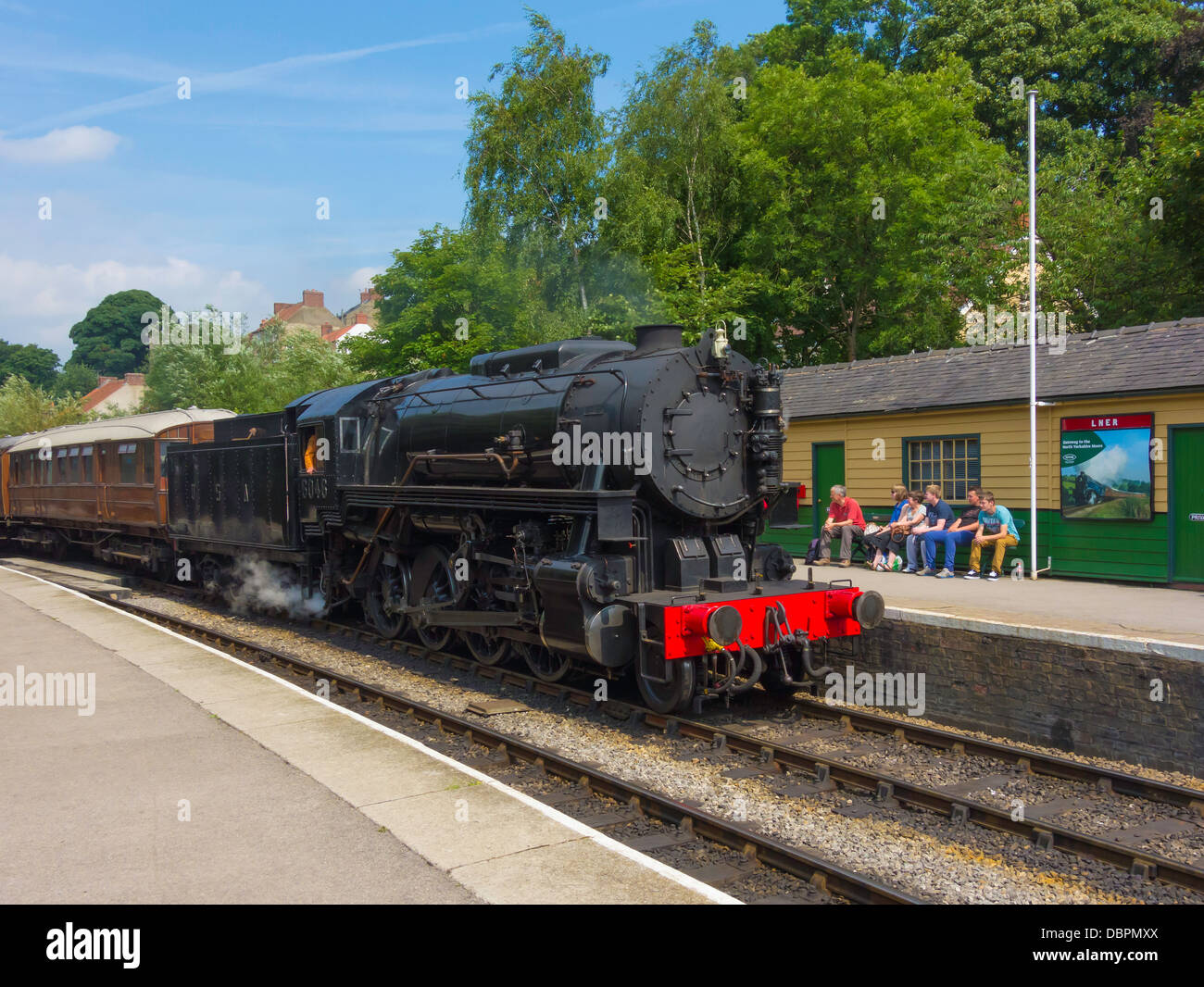 American steam locomotive built by Baldwin in Philadelphia in 1945 arriving at Pickering station NYMR in August 2013 Stock Photo