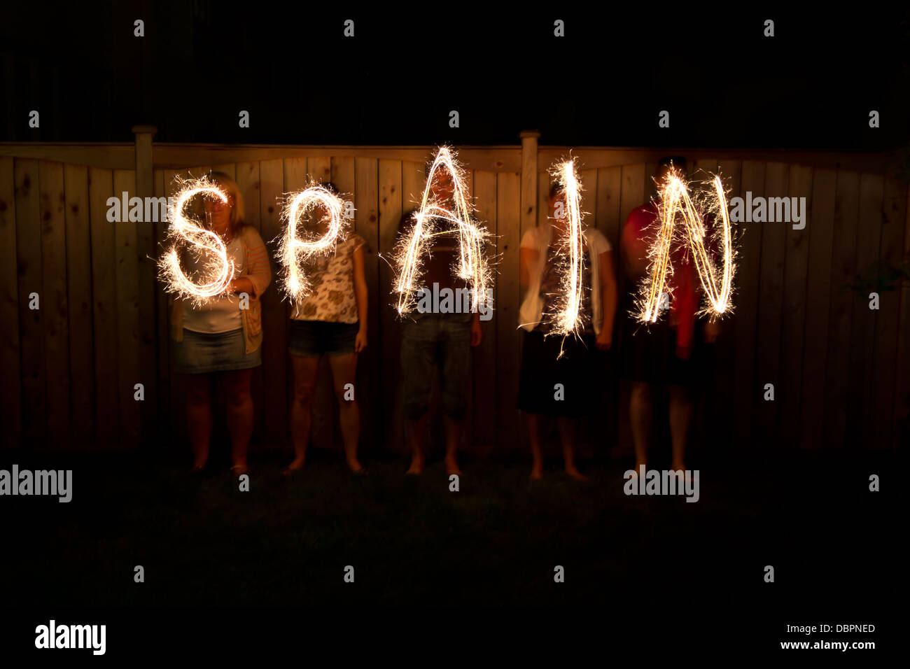 The word Spain in sparklers time lapse photography Stock Photo