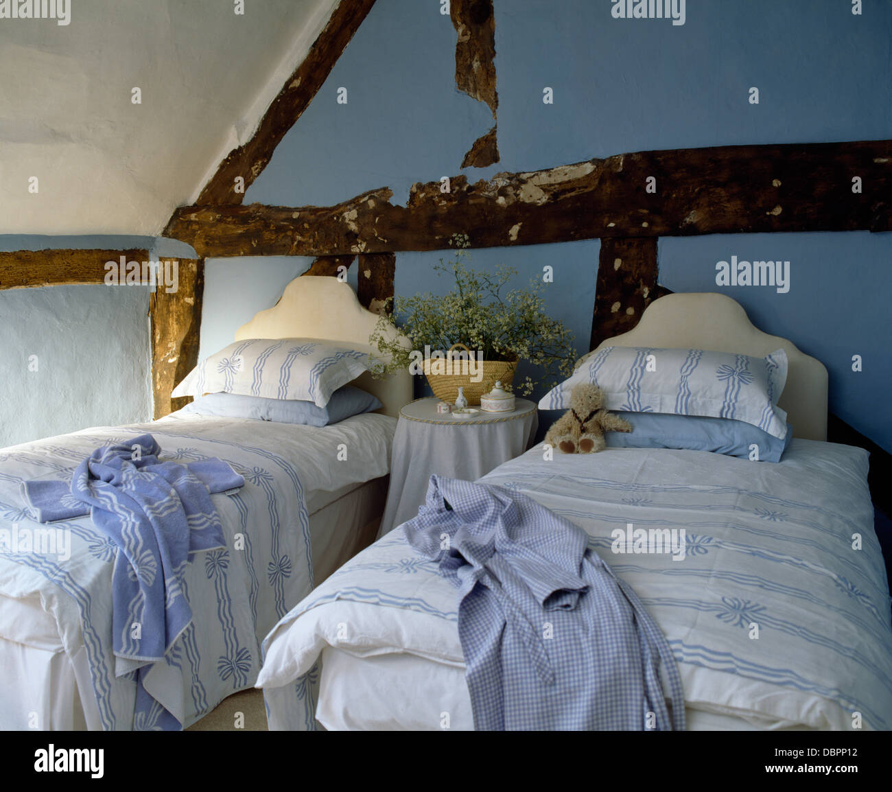 Pale Blue White Duvets And Matching Pillows On Twin Beds In