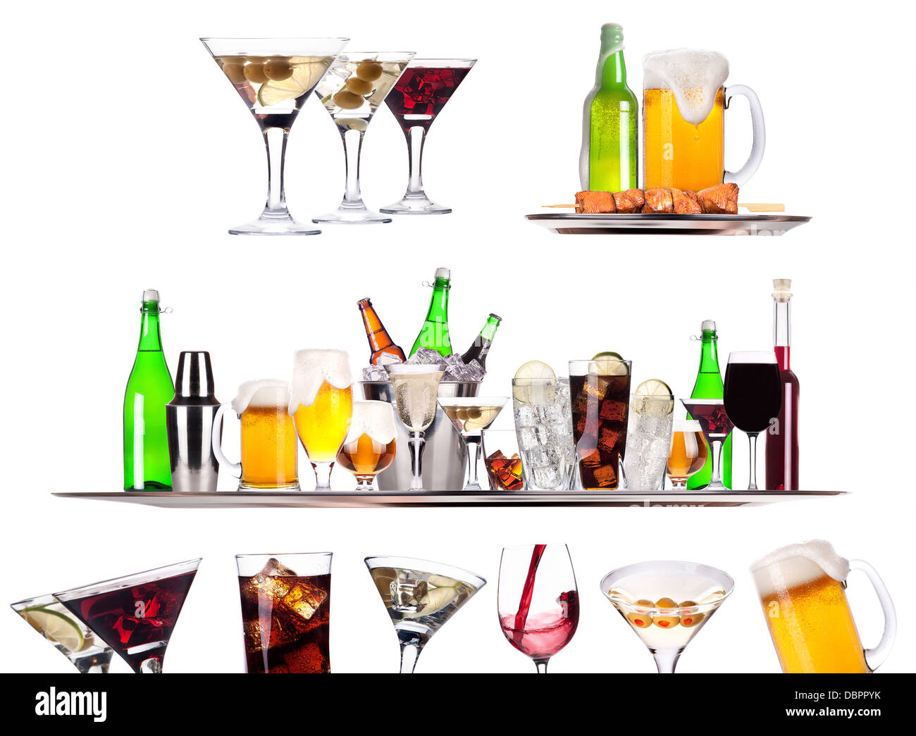 Set of different alcoholic drinks and cocktails beer,martini,soda