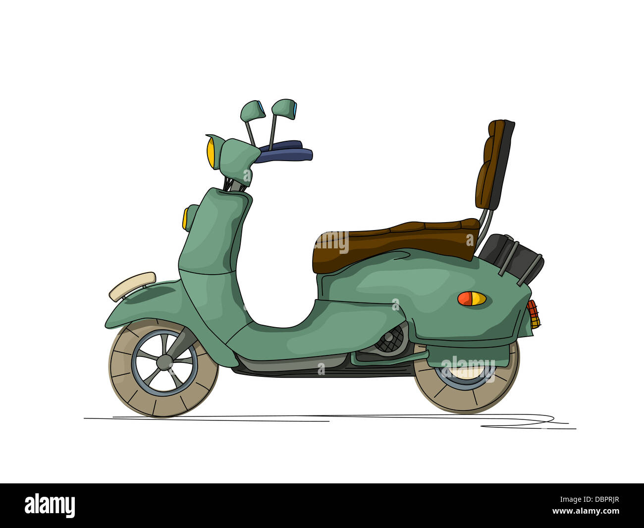 Cartoon style drawing of a retro scooter, isolated object on white