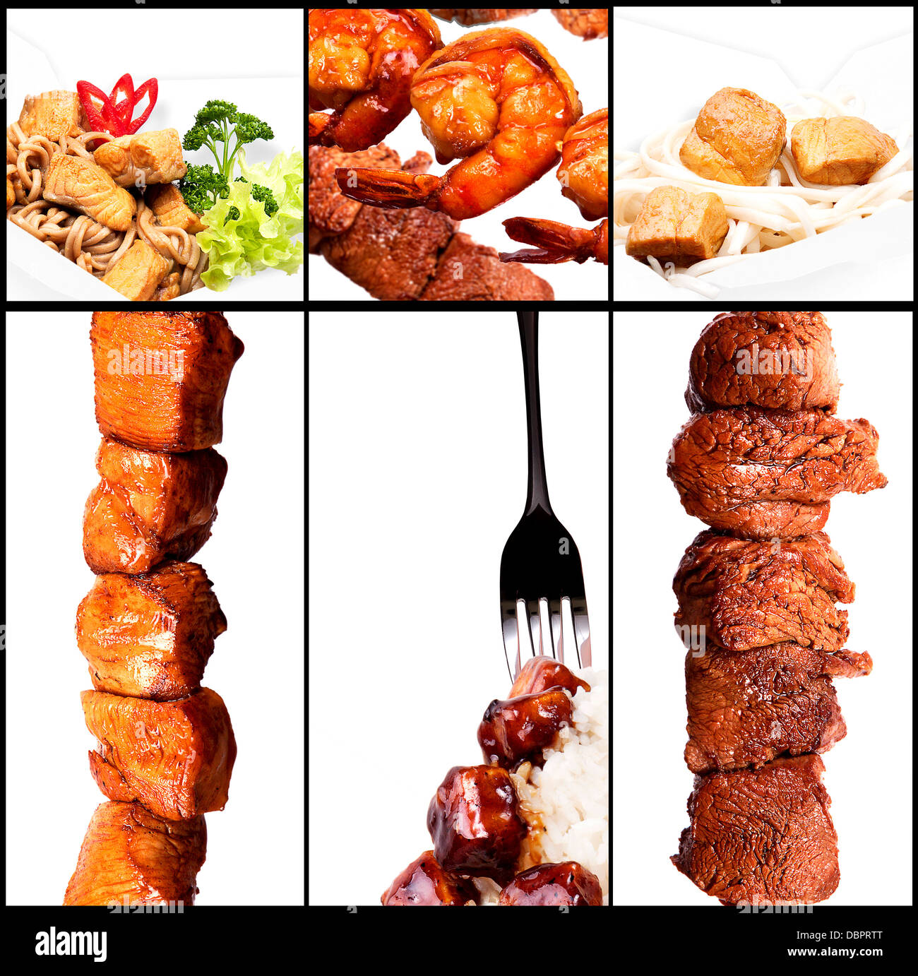 Collection of different meat dishes BBQ, pork,beef,salad,satay,sea
