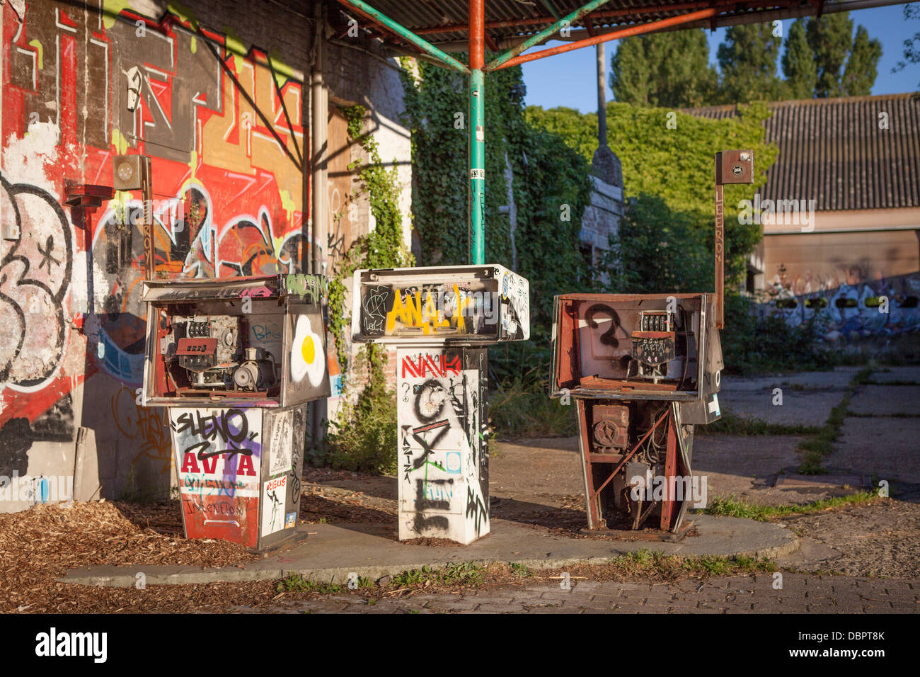 Gas station with graffiti at the abandoned village of Doel in Belgium Stock Photo