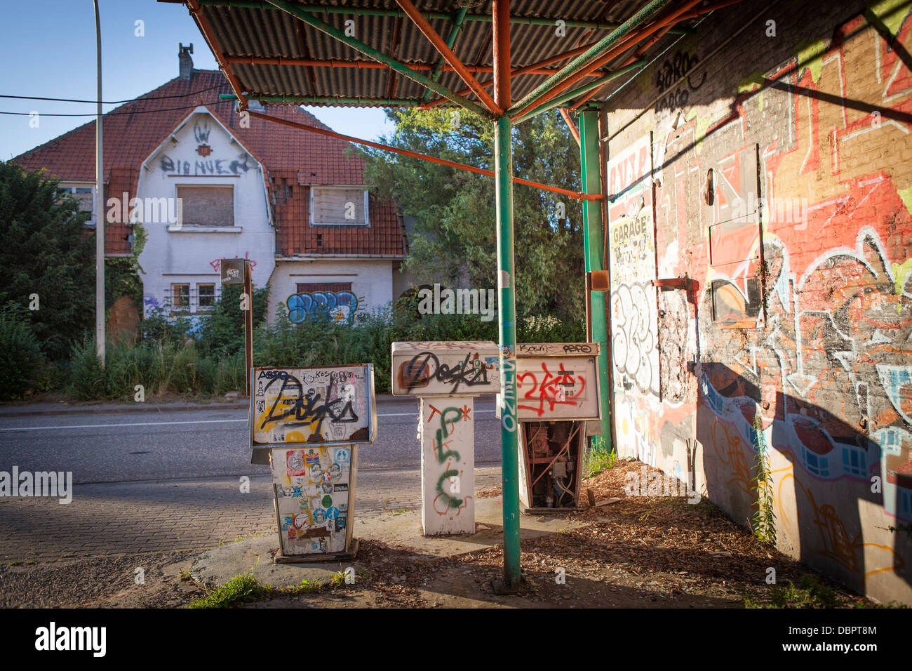 Gas station with graffiti at the abandoned village of Doel in Belgium Stock Photo