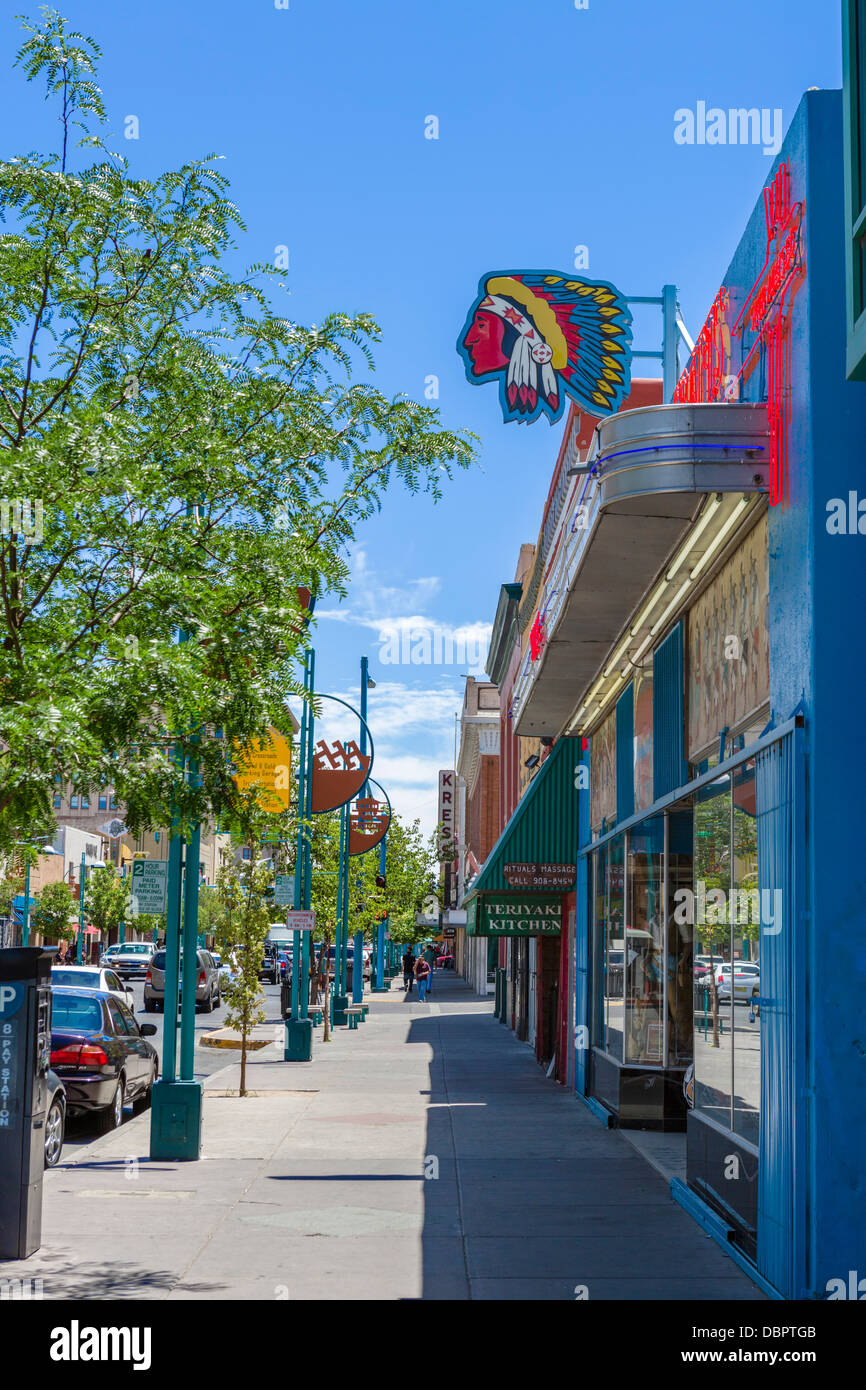 Shops on Central Avenue (old Route 66) in downtown Albuquerque, New Mexico, USA Stock Photo