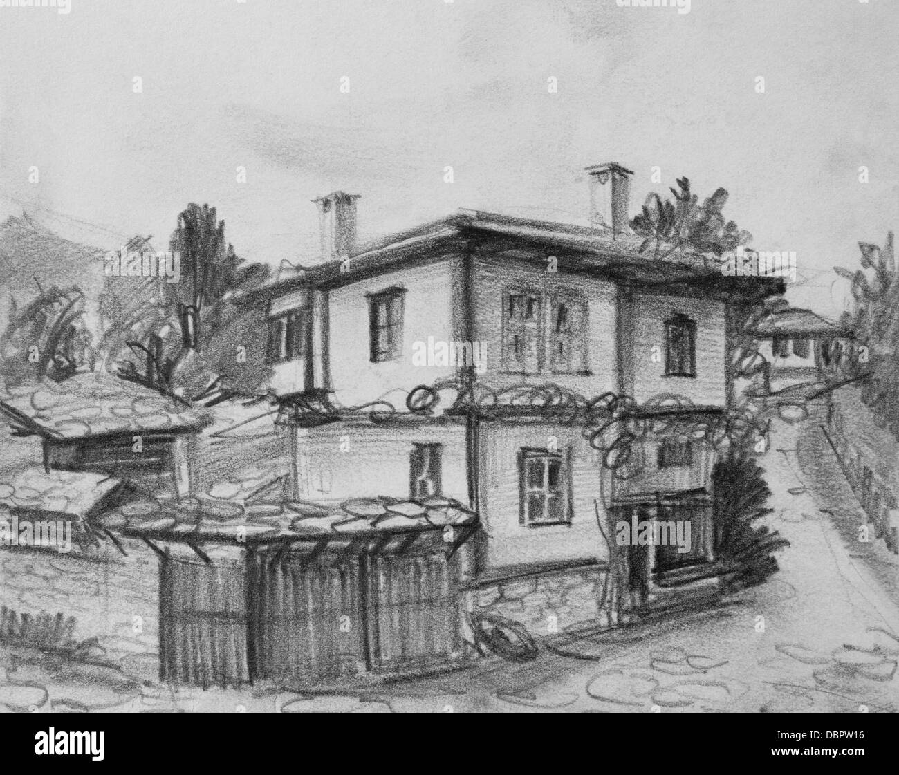 Pencil black and white drawing of traditional old Bulgarian houses in Bulgaria. Stock Photo