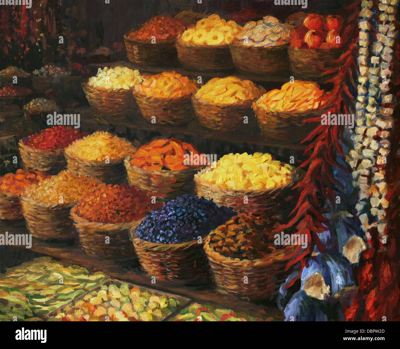 An oil painting on canvas of a colorful market stand in the Orient with fruits, candies, spices and vegetables on display. Stock Photo