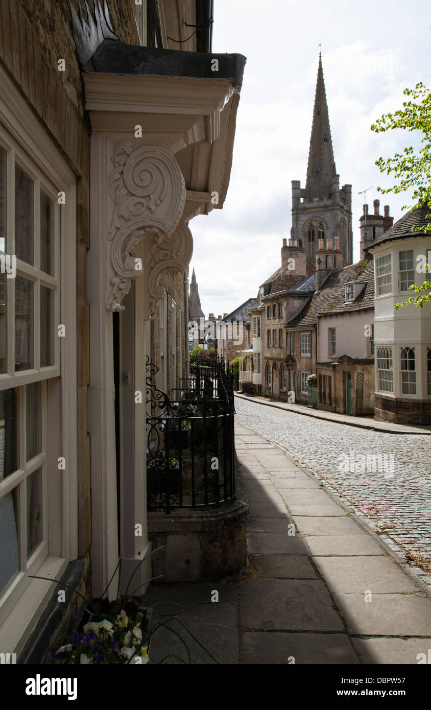 The Georgian buildings of Barn Hill with All Saint's and St Mary's churches in the background, Stamford, Lincolnshire, England Stock Photo