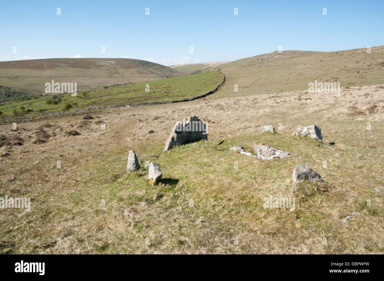 Burial cist archaeological feature on Piles Hill, Dartmoor surrounded by marker stones Stock Photo