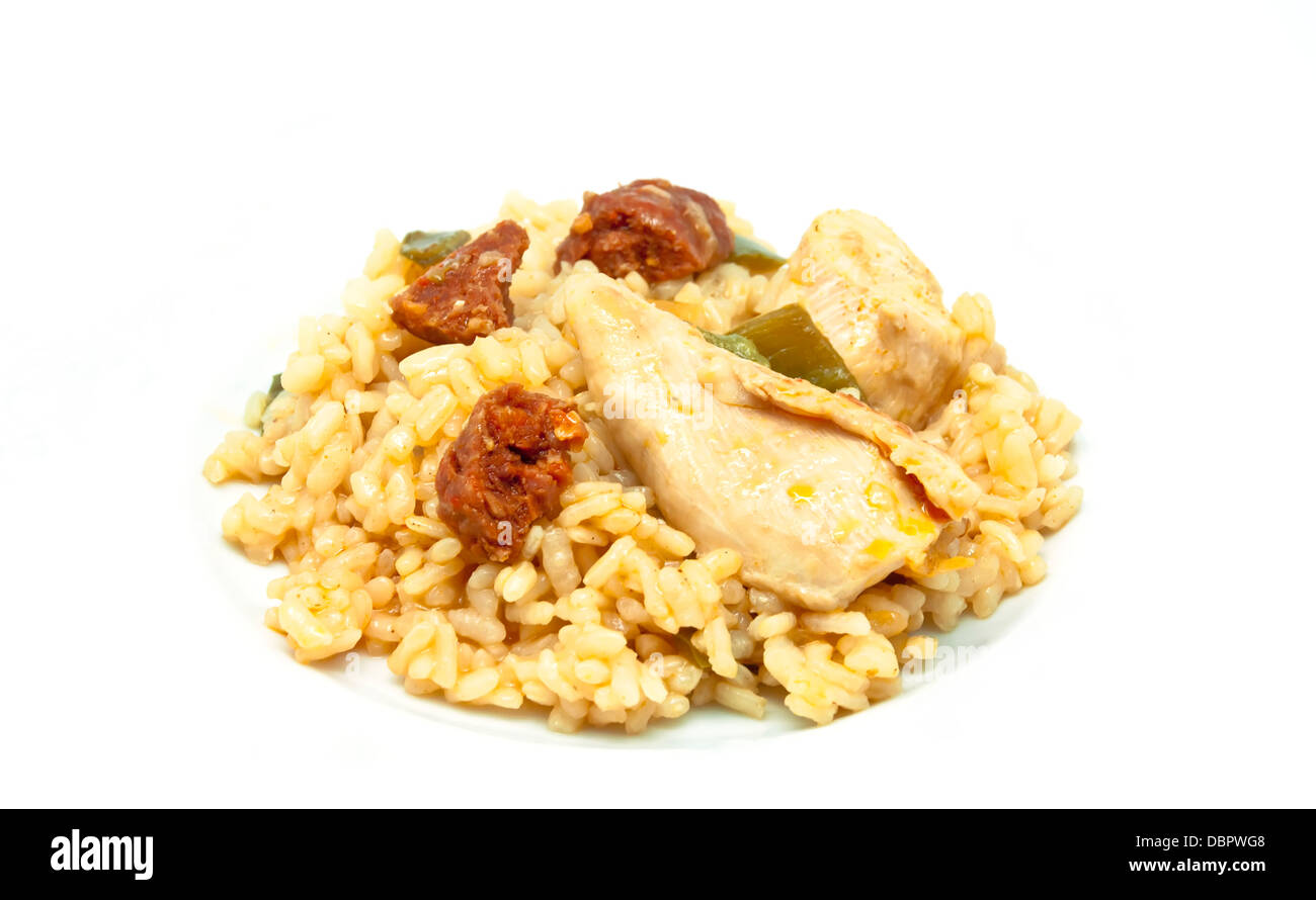 Rice with sausage and chicken Stock Photo