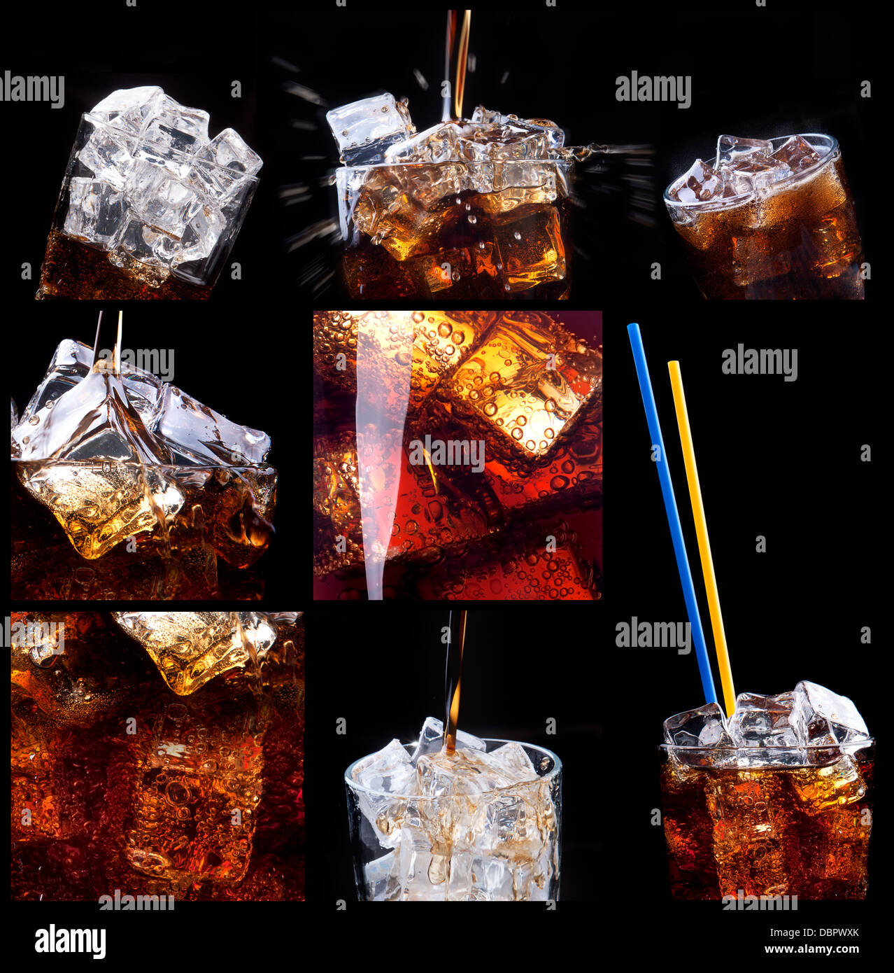 Fresh cola background with splash and ice Stock Photo - Alamy