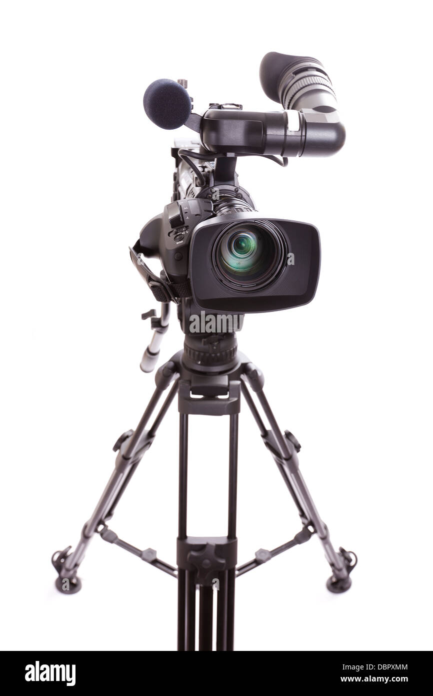 Professional Digital HD Television Camera and Tripod isolated on a white background. Stock Photo