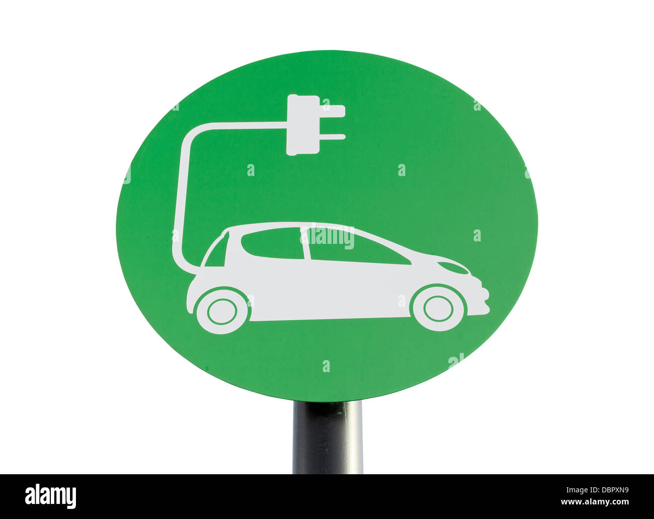 Green sign indicating a charging point for electric vehicles, isolated on white with clipping path. Stock Photo