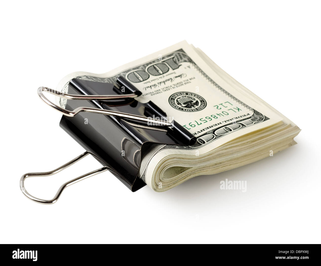 One hundred dollar bills in the clip isolated on a white background Stock Photo