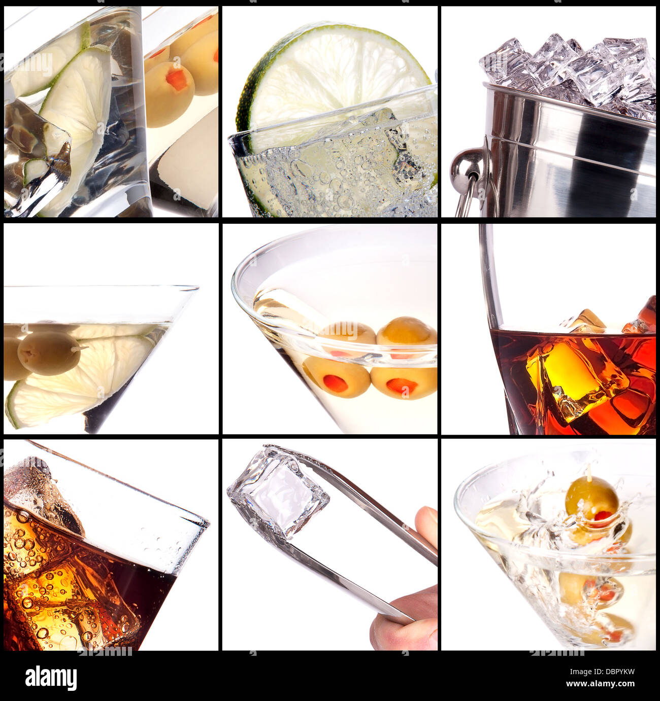 collage with alcohol cocktails martini, soda,cola,cocktail,wine