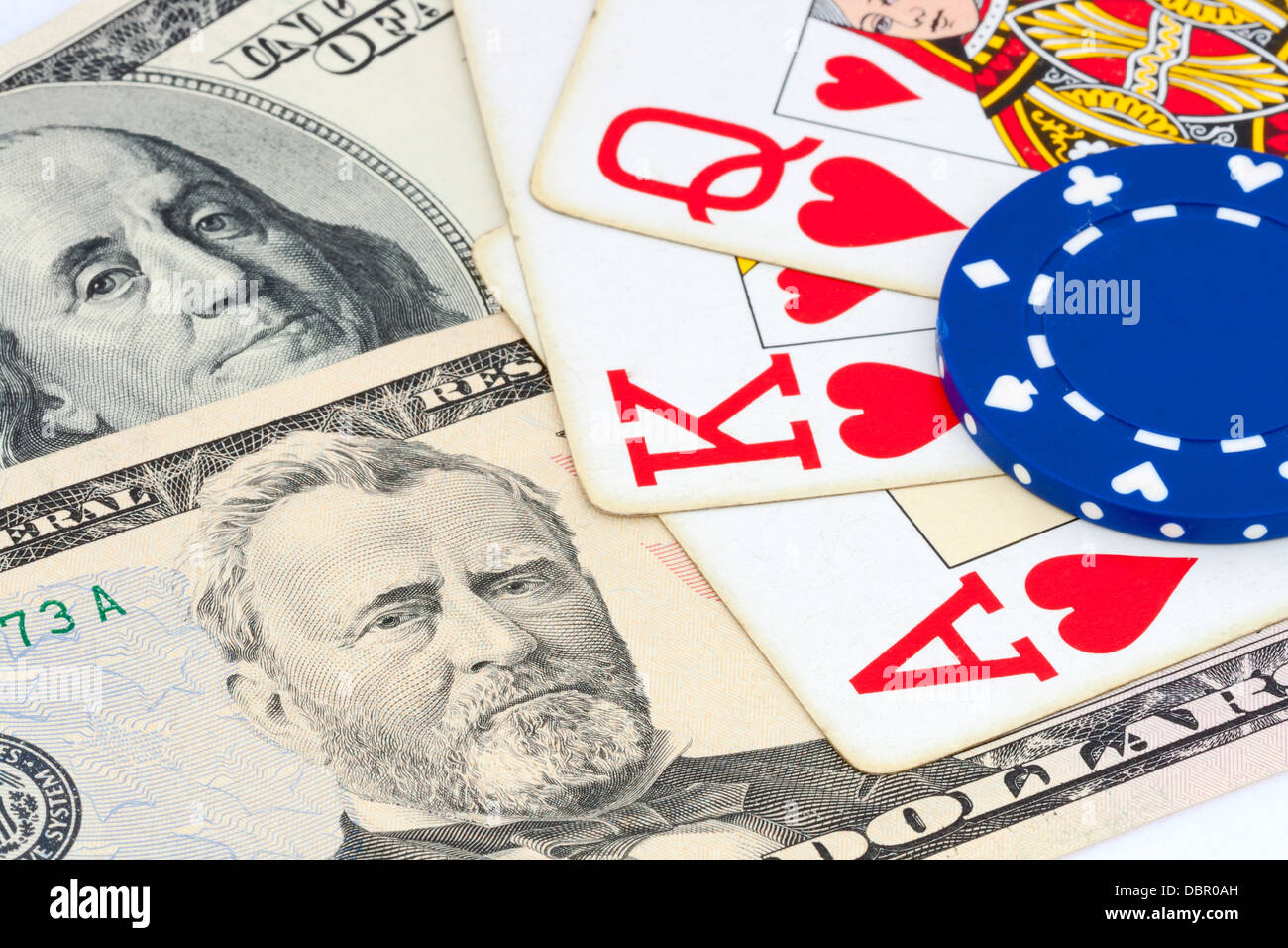 gambling concept with dollar bills, chip and playing cards Stock Photo